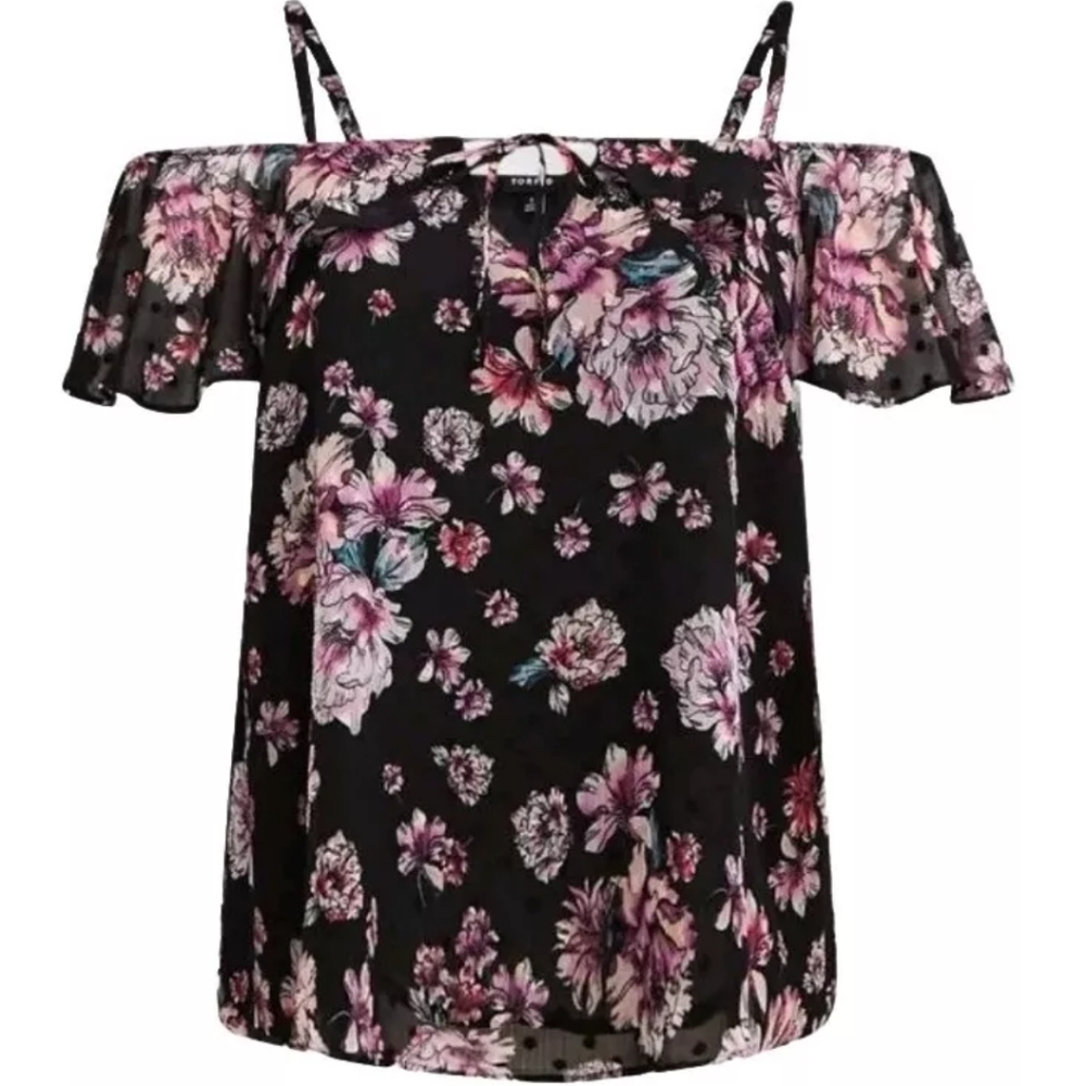 Torrid Blouse Woman Plus 4X Cottage Cold Shoulder Top Clip Dot Black Floral Boho